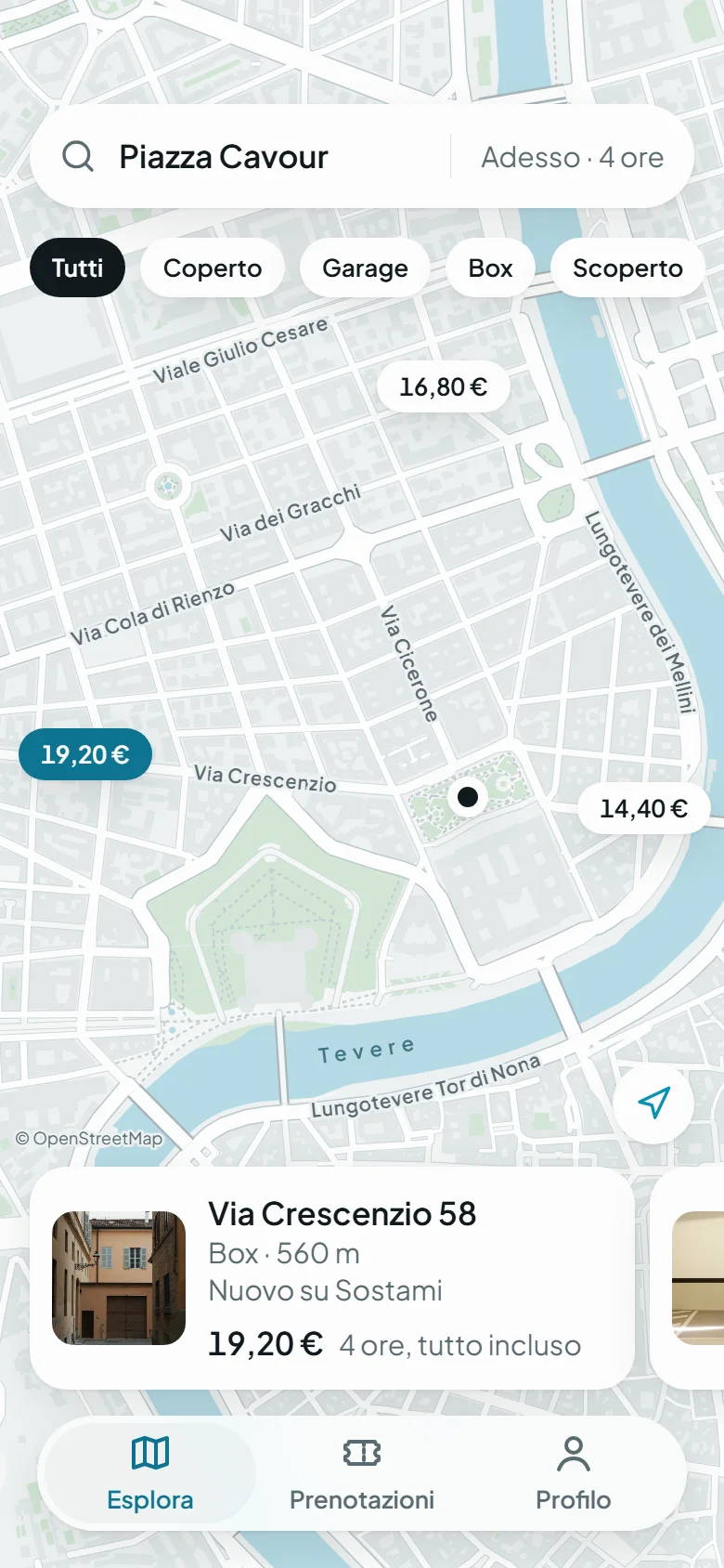 Schermata Esplora dell'app Sostami: la mappa con i box e i garage liberi vicino a te