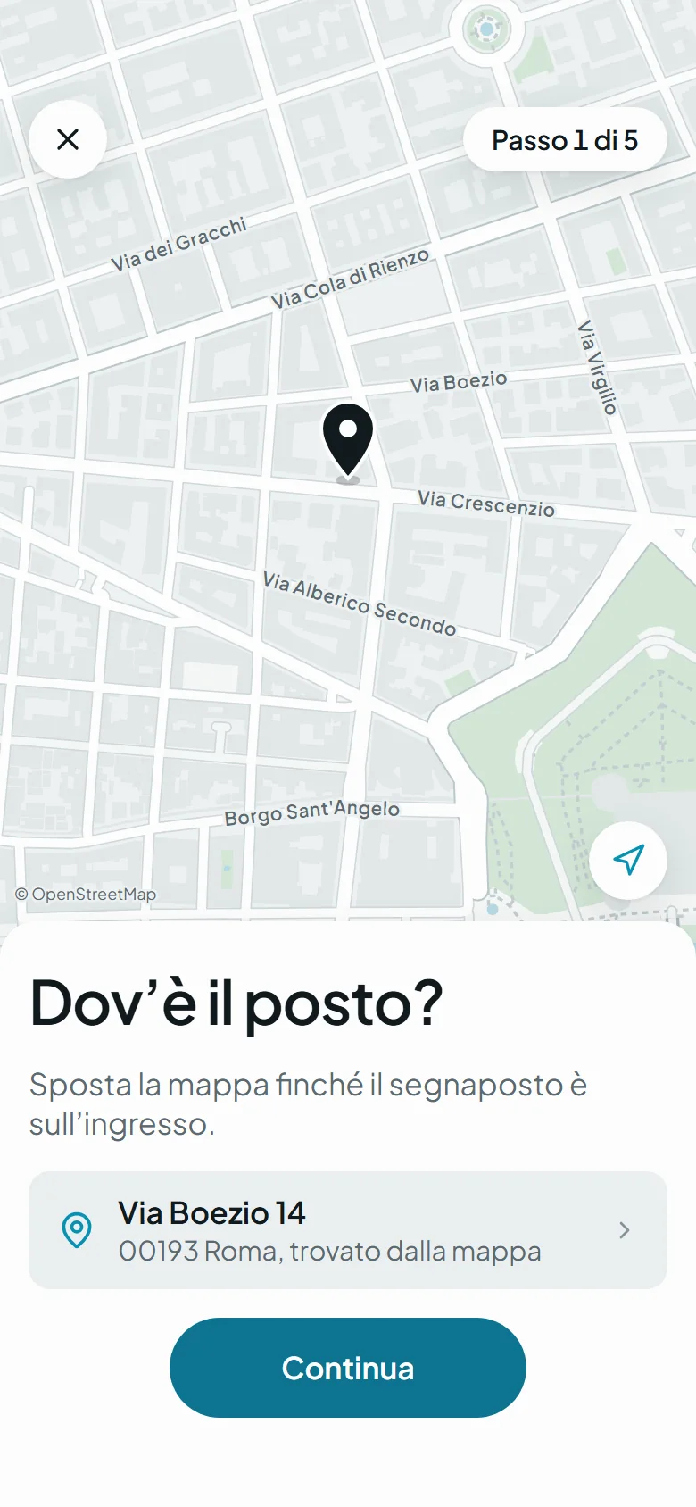 Schermata Pubblica: il primo dei cinque passi, scegliere sulla mappa dove si trova il posto