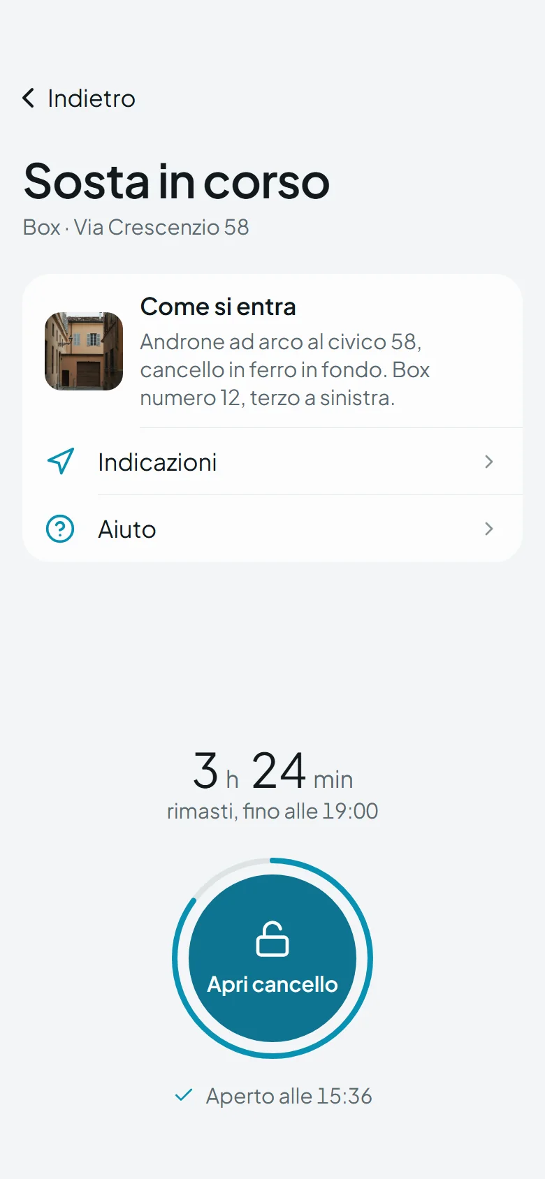 Schermata Sosta in corso dell'app Sostami: il pulsante Apri cancello e il tempo che resta
